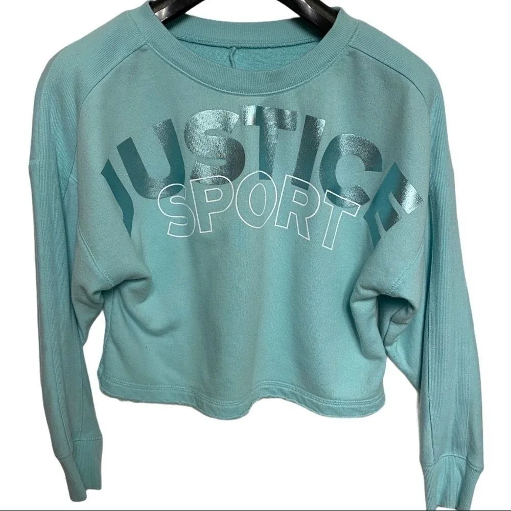 JUSTICE Sport Activewear Girls 12 Teal Crop Sweatshirt‎ Crew Neck Athleisure